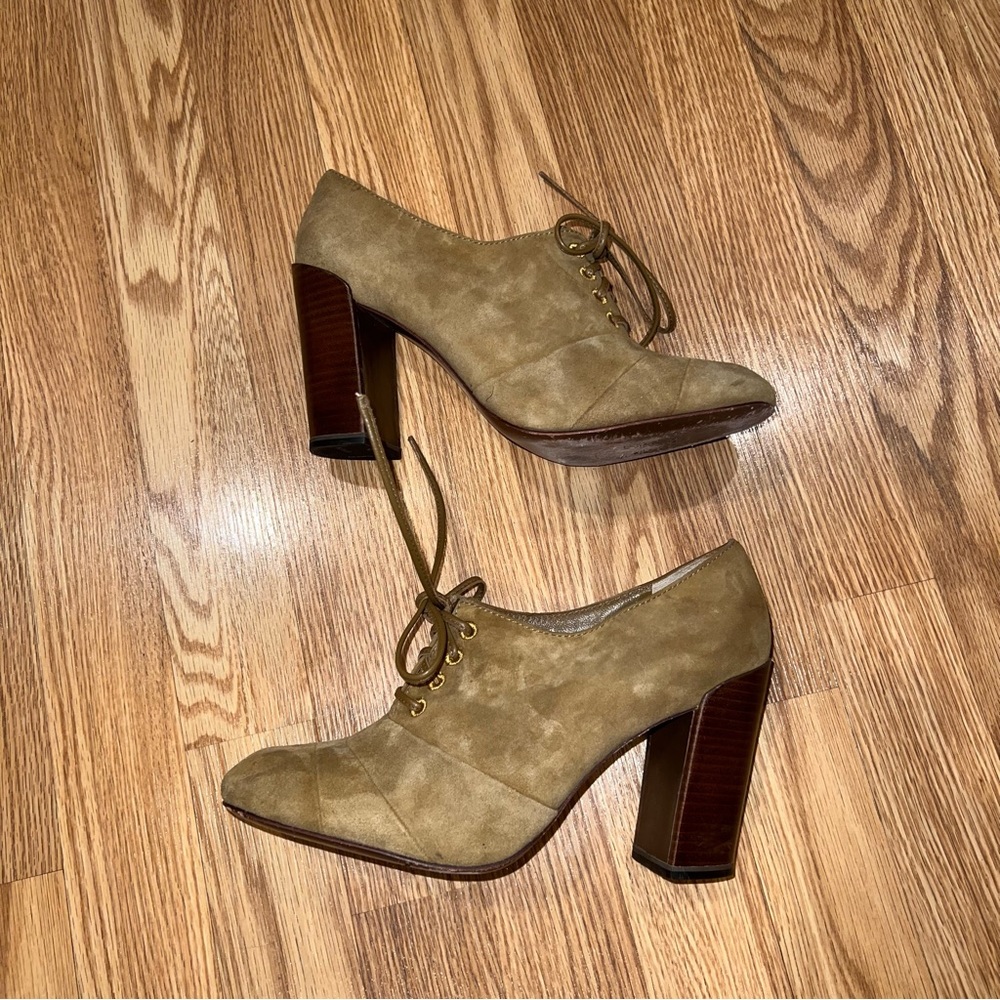 Tory Burch‎ Tan Suede Leather Lace Up Oxford 4” Heels 9.5 M